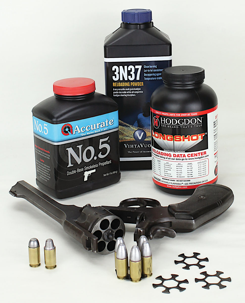 Modified military surplus Webleys will chamber 45 ACP cases with the help of moon clips, but factory 45 ACPs and 45 Auto Rims are too hot for the top-break revolver, requiring handloading for safety.